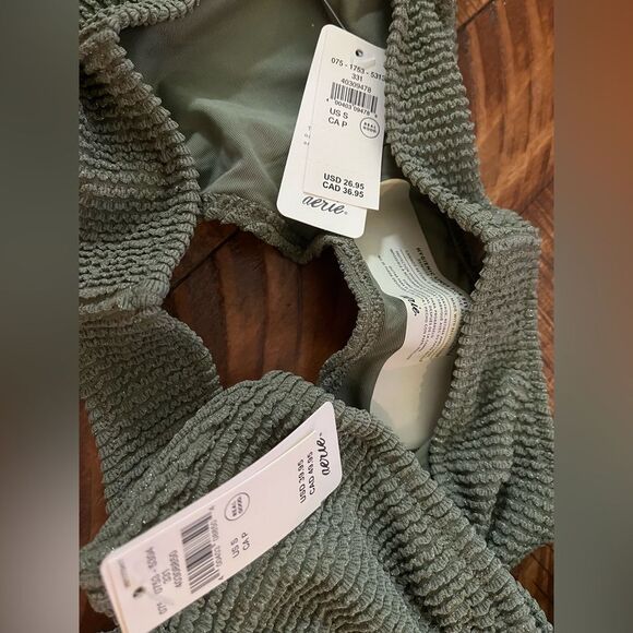 NWT Aerie FULL SET Shimmery Crinkle Ring Scoop Top + Full Coverage Bottom Olive - Picture 4 of 4